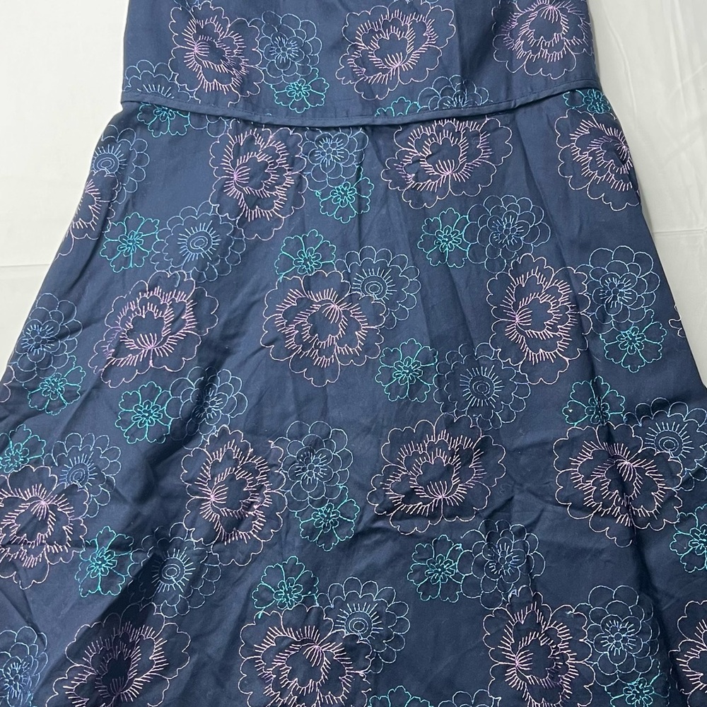 Navy Floral A-Line Dress with Pink & Teal Embroidery